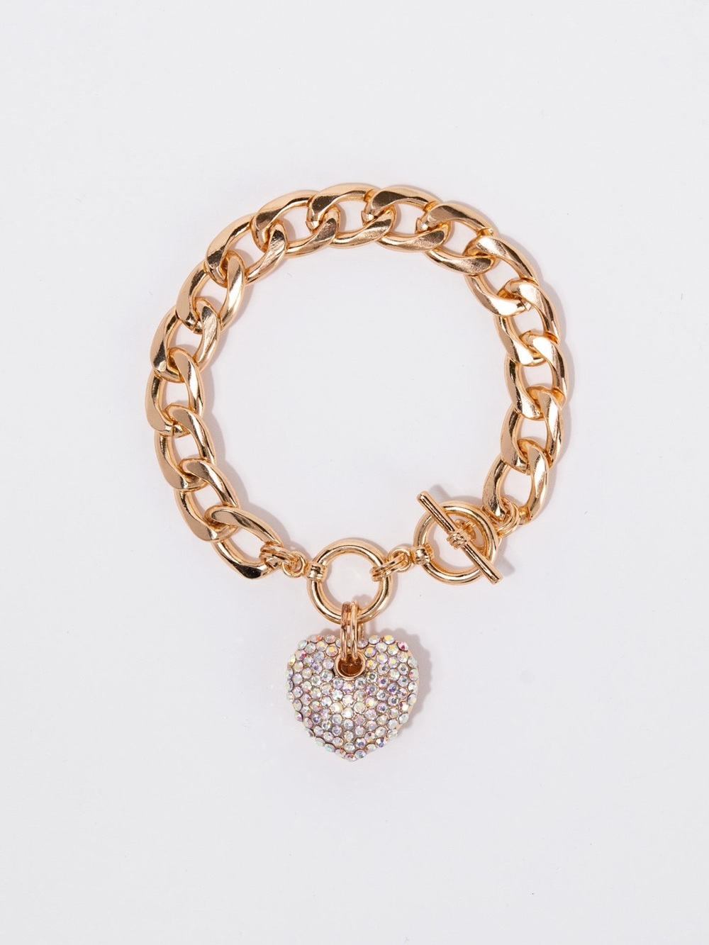 Gold-Tone Heart Charm Chain Bracelet with Crystal Pavé